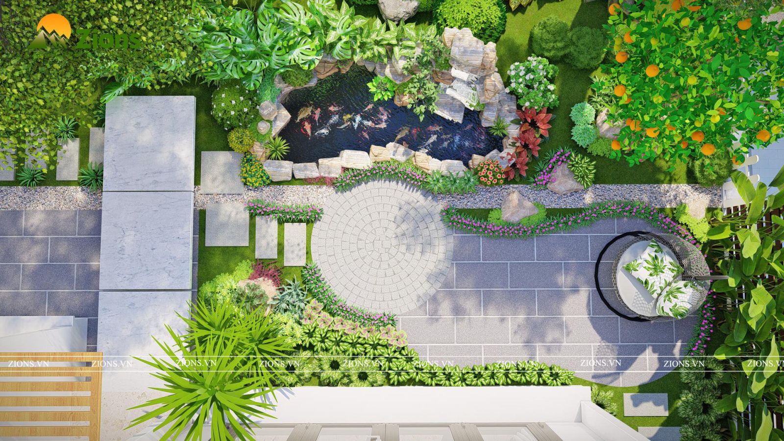 thiết kế sân vườn biệt thự vườn tùng ecopark - zions